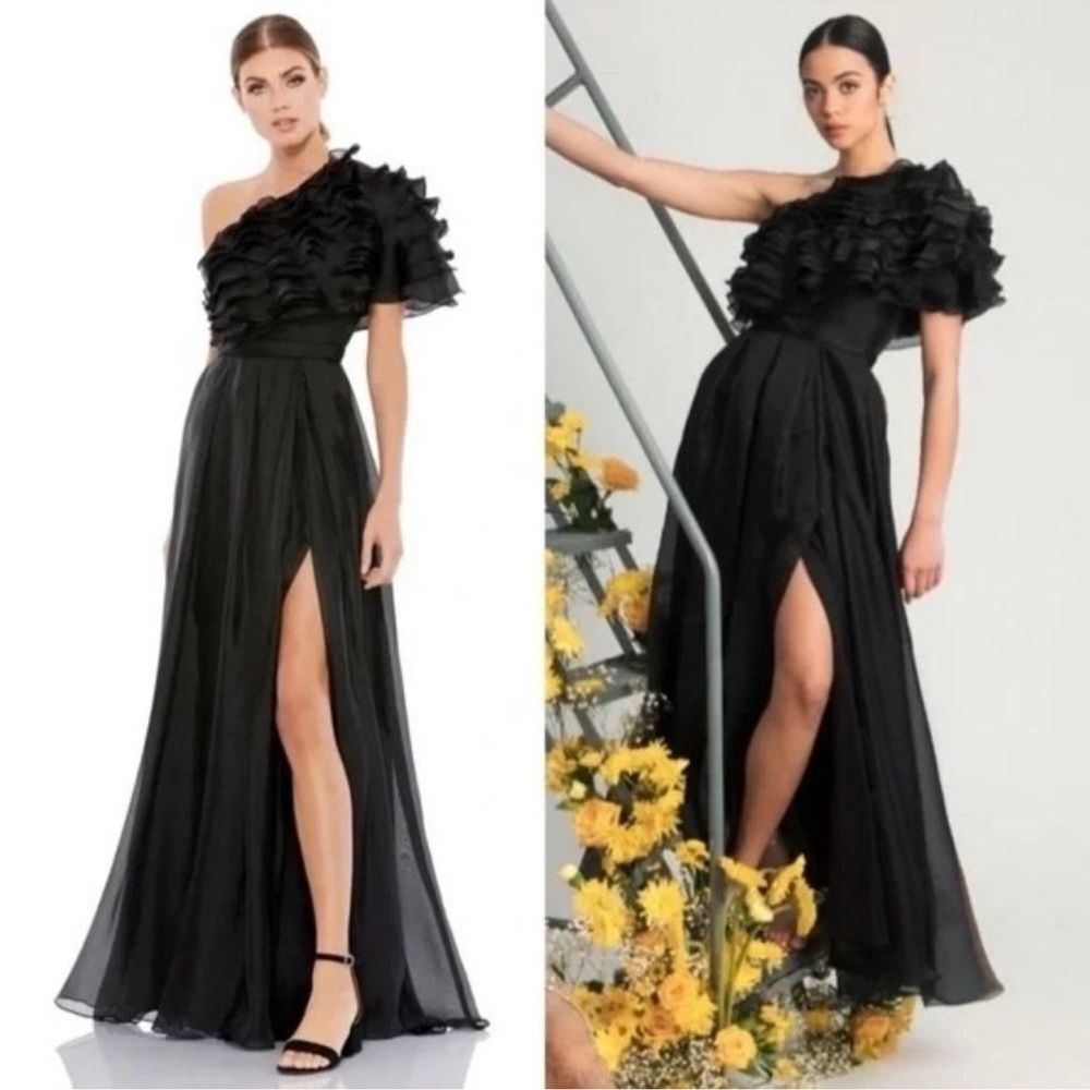 $498 Mac Duggal 26527 Size 2‎ Black Ruffled One Shoulder Long Maxi Dress Gown